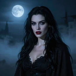riveting charismatic brunette female vampire, portrait, atmospheric lighting, painted, intricate, fog, cold, volumetric lighting, beautiful, night time, blue moon light, sharp focus, deep colours, ultra detailed, by leesha hannigan, ross tran, thierry doizon, kai carpenter, ignacio fernandez rios
