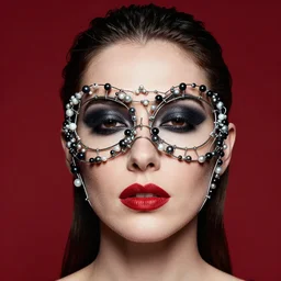 an 8 0 s portrait of a woman with dark eye - shadow and red lips with dark slicked back hair, a mask made of wire and beads, dreaming acid - fueled hallucinations by serge lutens, rolf armstrong, delphin enjolras, peter elson, red cloth background