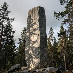 a monolithic granite pillar in the boreal forest. overcast sky, grainy.
