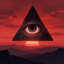 A big triangle with an eye on it floating in the sky above the mountains, red sky, sunset, eerie, scary, digital art made by Stanley Artgerm Lau, WLOP, Rossdraws, James Jean, Andrei Riabovitchev, Marc Simonetti, Yoshitaka Amano, ArtStation, CGSociety