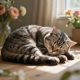 a digital art of an american shorthair sleeping in the room with flowers around in the afternoon, the sun shines in, animal, light effect, highly detailed, by anton fadeev