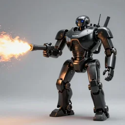 a humanoid military black metallic robot firing from a flamethrower and napalm, film footage, porta 4 0 0 golden, epic burst of fire, cinematic contrast shot, poster, volumetric light, volumetric, ray tracing global illumination, ray traced
