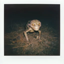 Zoomed-in Polaroid photo of a cryptid sighting, grainy, slightly blurry