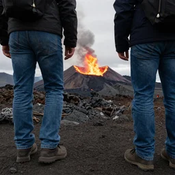 photograph of people wearing jeans hiking to a volcano eruption in reykjanes