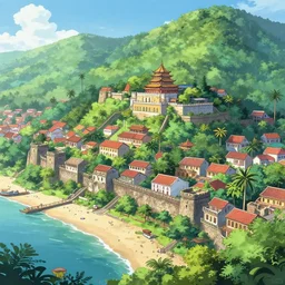 Tyrona, Bustling coastal walled ancient city with Roman and Southeast Asian architecture surrounded by lush tropical jungle, anime, lush trees, fountain, a fantasy digital painting by Greg Rutkowski and James Gurney, trending on Artstation, highly detailed