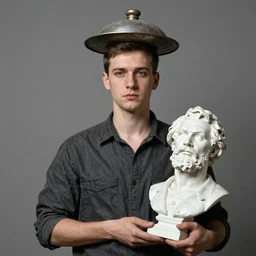 guy with pot on his head and with bust of Lenin in his hands