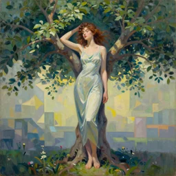 an oil painting of a woman half tree, vibrant lighting, elegant, highly detailed, smooth, sharp focus, illustration, beautiful, geometric, trending on artstation, full body, cinematic, artwork by Borovikovsky