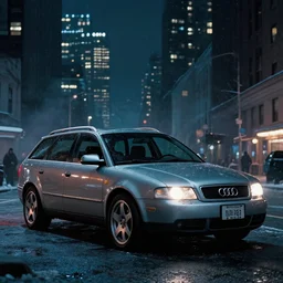 Audi A4 B6 Avant (2002), a post apocalyptic, dramatic lighting, cinematic, establishing shot, extremly high detail, photorealistic, cinematic lighting, artstation, style by greg rutkowsky, Max Payne (2003) winter New York landscape at night