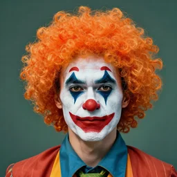 portrait of a clown wearing orange wig, orange wig, serious expression, clown makeup. art by martin ansin, martin ansin artwork. portrait.