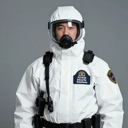 portrait of a 1980s era SWAT officer in hazmat gear, working for the private security megacorporation 'Pyramid Security Solutions', special operations division