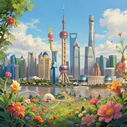 3 d, hyperrealism art glamorous sci - fi poster, a panoramic view of shanghai with a lot of flowers, beautiful whimsical botanical illustration, by android jones and greg rutkowski, digital matte painting, ghibli style, golden ratio