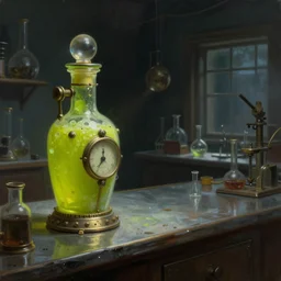 a painting of a lime colored vintage steampunk potion bottle on the left side of an empty counter in a dark dusty vintage science lab, by h. r. giger, hyperrealistic fantasy art, concept matte, ethereal, dreamy, digital art, trending on artstation, volumetric cinematic lighting