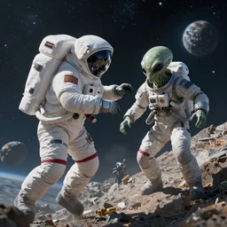 an alien attacking a cosmonaut on an unknown planet 8 k hyperrealism