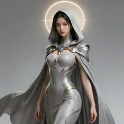 detailed beautiful and shy hooded noun, seductive confident pose, attractive feminine curves, intricate details, futuristic, elegant cape, elegant, photorealism, shot on hasselblad, trending on artstation, holy halo, advanced technology, art by moebius and vitaly bulgarov and chanthara