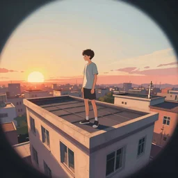 teen standing on the roof of a building, sunset, bird eye view, fisheye view, illustration, by pine ( ハイネ ) and 薯 子 imoko and 香 川 悠 作 and wlop and maya takamura, highly detailed, trending artstation, pixiv, digital art