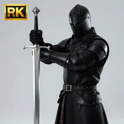knight in black posing while holding a detailed silver sword, focused, in frame, high resolution, realistic, 8 k hyper real, rtx, unreal engine 5