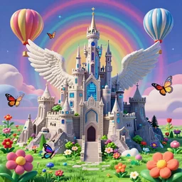 3 d render of cybernetic mountain landscape with castle ruins with angel wings and hot air balloons against a psychedelic surreal background with 3 d butterflies and 3 d flowers n the style of 1 9 9 0's cg graphics, lsd dream emulator psx, 3 d rendered y 2 k aesthetic by ichiro tanida, 3 do magazine, wide shot