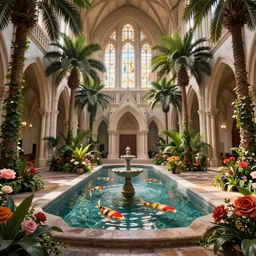grand cathedral interior with koi pond in the middle surrounded by palm trees, ivy, flowers, tropical plants, roses, and with archways, rendered in octane render with photorealistic cinematic volumetric lighting, cinematic, horizontal symmetry, symmetrical