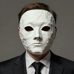 portrait of a man wearing a crumpled paper mask and formal suit, headshot, digital illustration, matte painting, hyperrealistic, photoreal, symmetry, highly detailed, sharp focus, 8 k, hd, intricate, by beksinski, rutkowski
