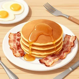 Pancakes, bacon, eggs, fork, knife, plate, table, maple syrup.