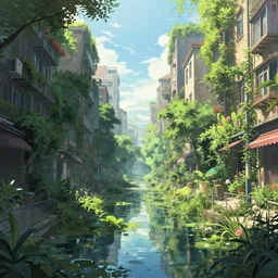 street view of an overgrown city filled with water and flora, by Anna Dittmannand, digital art. surreal. trending on artstation. anime arts. featured on Pixiv, HD, 8K, highly detailed, good lighting. beautiful. epic.