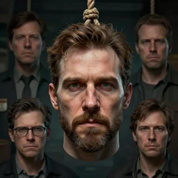 hyperrealistic mixed media image of info wars alex jones hanging from a noose, stunning 3 d render inspired art by xiang duan and thomas eakes and greg rutkowski, perfect facial symmetry, hyper realistic texture, realistic, highly detailed attributes and atmosphere, dim volumetric cinematic lighting, 8 k octane detailed render, post - processing, masterpiece,