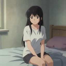 a film still of lone anime girl in white tshirt is sitting on poor bed in pale colors room in dark russian flat, perfect faces, fine details, anime, rutkowski