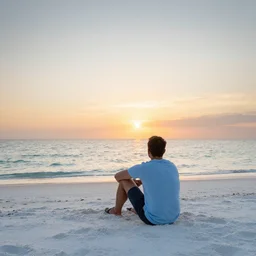 man sitting on a white sand beach watching the sunset, highly detailed photograph high definition