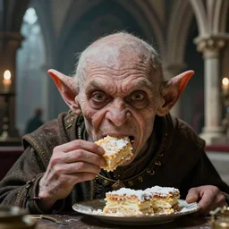 closeup face portrait of a medieval goblin eating cakes in the cloisters, hyung tae, frank frazetta, photography 4 k, f 1. 8 anamorphic, bokeh, 4 k, canon, nikon, detailed and intricate gothic environment