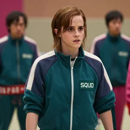 Still of Emma Watson playing Tug of War in Squid Game