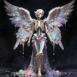a skeletal skinny angel spirit being, covered with pastel glitter glue slime, fashion model pose, full body maximalist cosmic eldritch character design, early computer graphics