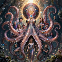 symmetry! a detailed wide angle portrait of the goddess yemoja using symbiotic octopus technology, unreal engine, fantasy art by greg rutkowski, loish, rhads, ferdinand knab, makoto shinkai and lois van baarle, ilya kuvshinov, rossdraws, tom bagshaw, radiant light, detailed and intricate environment