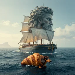 by giacomo balla and sergey grechanyuk, visually stunning, cinematic, ultra realistic, hyper realism, 1 2 k, epic, octane render, unreal engine, vfx, maya, a double merge pour : a lonely ship adrift in the endless ocean of time, morning dachshund croissant : poseidon, distant shores : great waters