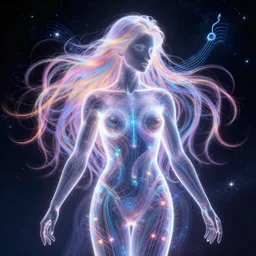 The God of Music, transparent body, long glowing colourful hair, space background, digital art, detailed, intricate