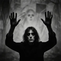 a creepy, ghostly black and white photo of a man with his hands in the air by reuben nakian, zbrush central contest winner, gutai group, ambient occlusion, demonic photograph, velvia