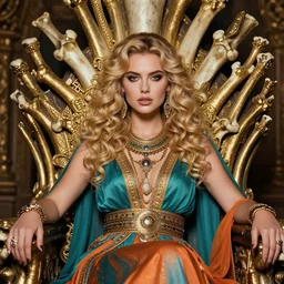 girl on bones throne, persian empire costume, blonde, curly hair, clean face, provocative make up, symmetrical face, smooth skin, jewelry,, ecstasy, cute, fashion editorial photography, hyperrealistic, from vogue magazine, ultra realistic, artgerm, david lachapelle, reflections, gold intricate, 5 0 mm lens, icm, teal and orange