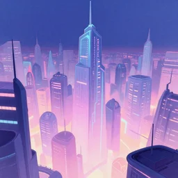 futuristic angular neon pastel cityscape, still frame from Fantasia (1940)