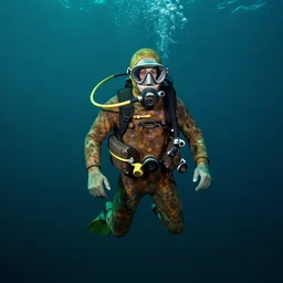 underwater old scuba diver rusty vintage suit in the blue green dark lonely sea photo 4 k