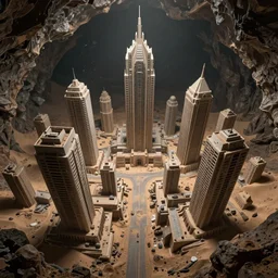 The remnants of a city with tall buildings built by an advanced civilization that crumbled after an apocalyptic event. It is found in the dark depths of a sand cavern, seen from above, first person POV, unreal engine, 8k