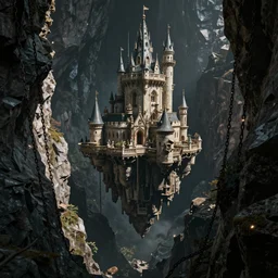 immense floating one castle in the middle of high mountains hanging by chains inside a gorge below only darkness, hight contrast, void, 8 k resolution, unreal engine 5, hyper - detailed, perspective view, 2 4 mm lens, by simon bisley, beeple, justin gerard