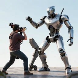 armed anthropomorphic robot killing a man photographer, photorealistic, hyperrealistic, detailed, clear background, futuristic