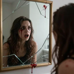 the terror of facing yourself in the broken mirror, blood, fear, 8k, ultra realistic
