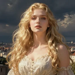 a beautiful giant woman over a city, blonde, long hair, pixiv, hyperrealistic