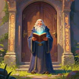 an old wizard in robes holding a magical book standing in front of an elaborate ancient wooden closed door, beautiful colourful fantasy rendering, colorful, grass, stone steps, glowing runes, morning, golden hour, inspired by art of James Gurney and Greg Rutkowski