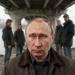 vladimir putin bum, is hungry homeless, under the bridge, beggar by donato giancola and greg rutkowski and wayne barlow and zdzisław beksinski, realistic face, digital art