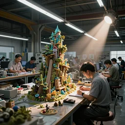 Factory of workers designing wacky art pieces on photoshop at the speed of light