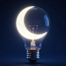 a glowing crescent moon within a lightbulb, dark blue background, midnight, trending on Artstation