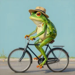 surreal painting of a frog wearing a hat and riding a bike