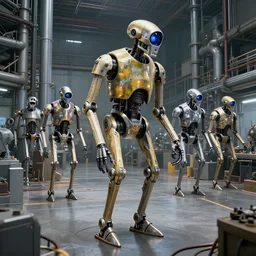 a huge factory where they make battle droids for the military, art, high detail, high definition, 8k,