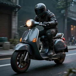moped scooter racing on the street, hyper realistic, very detailed, dramatic scene, realistic lighting, dark fantasy, 4 k, in the style of greg rutkowski